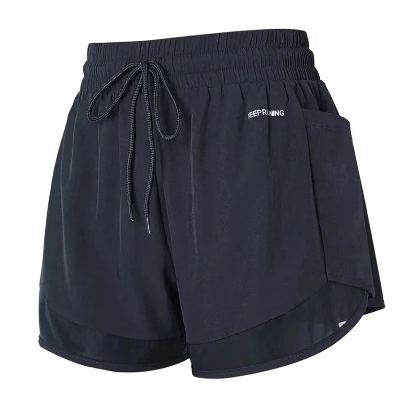 Women Mesh Yoga Shorts Gym Double Layer Drawstring Shorts Side Pocket Running Shorts Quick Dry Workout Fitness Sportswear