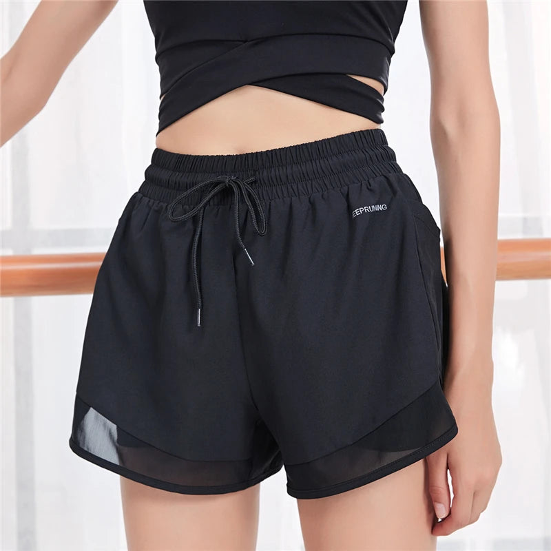 Women Mesh Yoga Shorts Gym Double Layer Drawstring Shorts Side Pocket Running Shorts Quick Dry Workout Fitness Sportswear