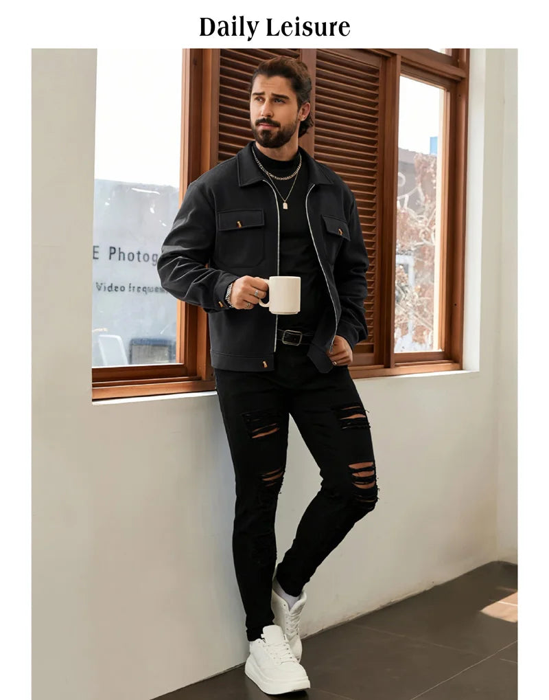 Polyester Brushed Short Jacket for Men, Lapel Button-Down Pocket Coat, Comfortable Casual Autumn Winter Office Business Wear