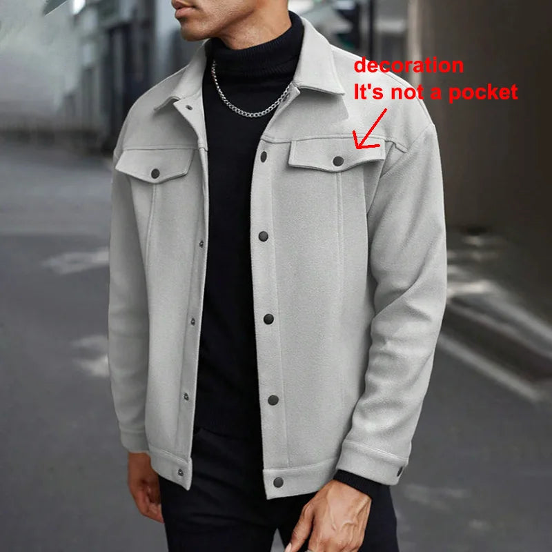Polyester Brushed Short Jacket for Men, Lapel Button-Down Pocket Coat, Comfortable Casual Autumn Winter Office Business Wear