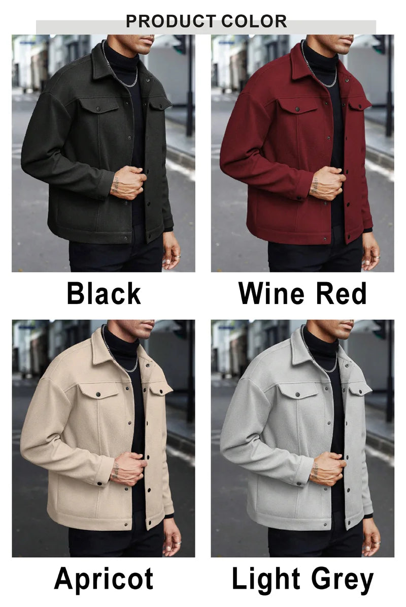 Polyester Brushed Short Jacket for Men, Lapel Button-Down Pocket Coat, Comfortable Casual Autumn Winter Office Business Wear