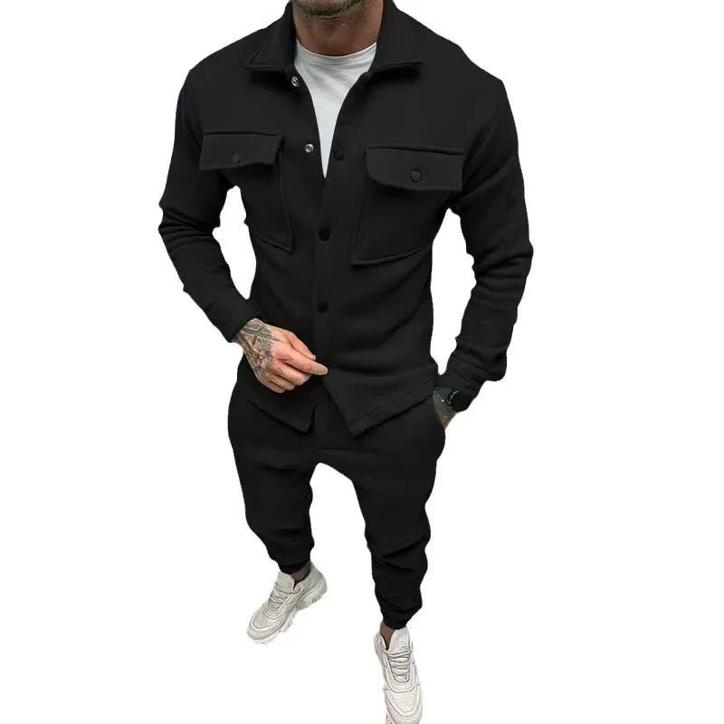 Two Piece Sets Men Pant Set Jackets Full Sleeve Single Breasted Turn Down Collar Coats Casual High Waist Long Pants Autumn