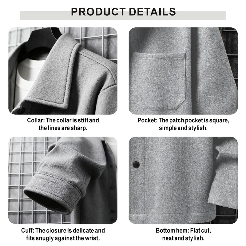 Polyester Brushed Short Jacket for Men, Lapel Button-Down Pocket Coat, Comfortable Casual Autumn Winter Office Business Wear