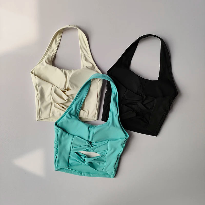 Sports Underwear Women with Chest Pad Halter Neck Cross Yoga Beautiful Back Training Running Vest Style Gathering Fitness Bra