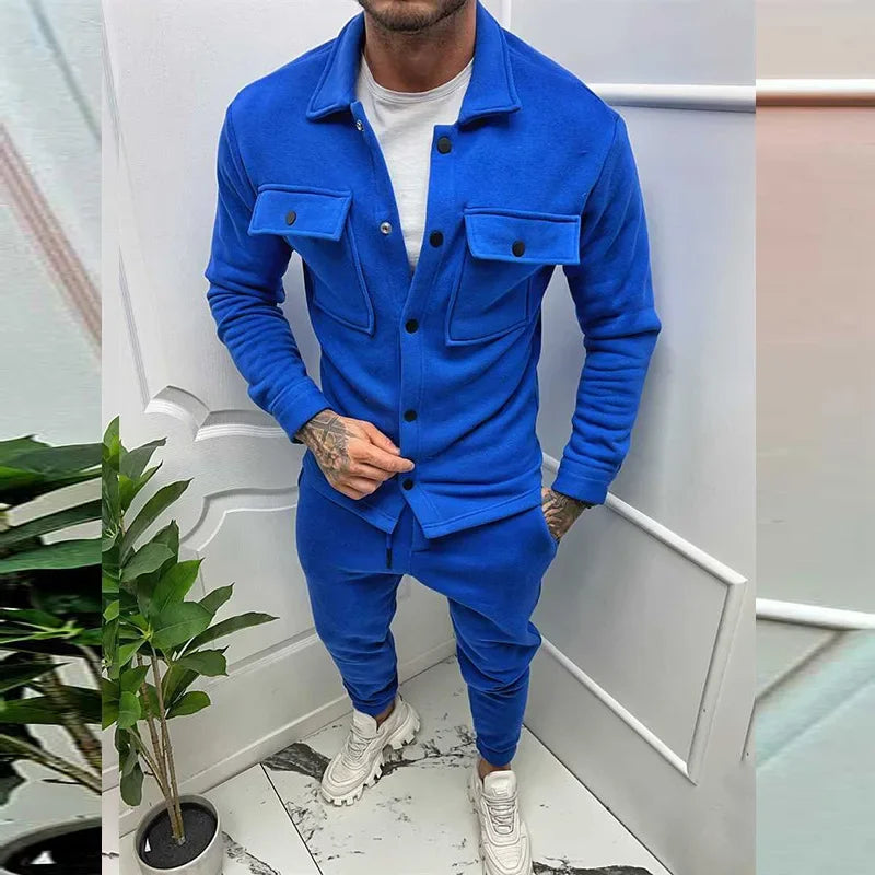 Two Piece Sets Men Pant Set Jackets Full Sleeve Single Breasted Turn Down Collar Coats Casual High Waist Long Pants Autumn