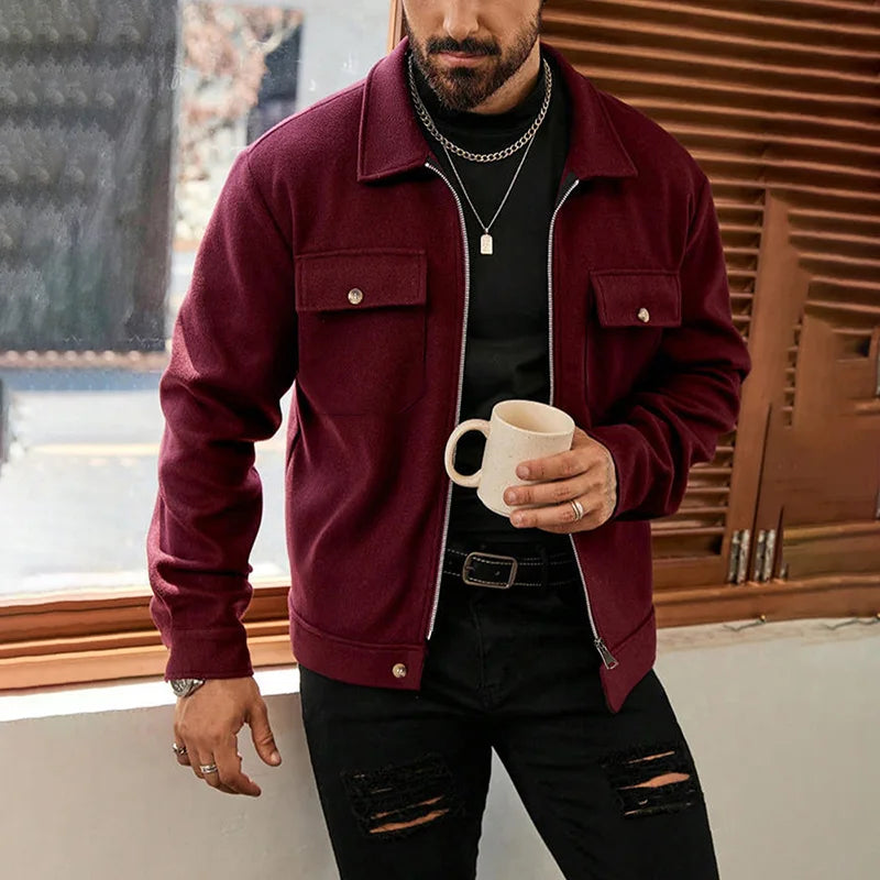 Polyester Brushed Short Jacket for Men, Lapel Button-Down Pocket Coat, Comfortable Casual Autumn Winter Office Business Wear