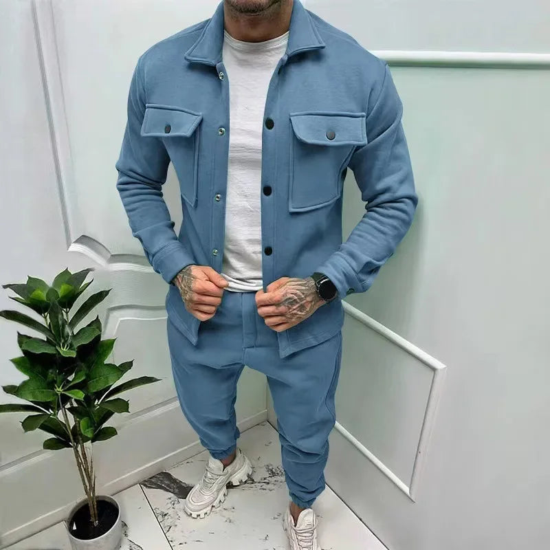 Two Piece Sets Men Pant Set Jackets Full Sleeve Single Breasted Turn Down Collar Coats Casual High Waist Long Pants Autumn
