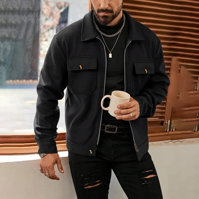 Polyester Brushed Short Jacket for Men, Lapel Button-Down Pocket Coat, Comfortable Casual Autumn Winter Office Business Wear