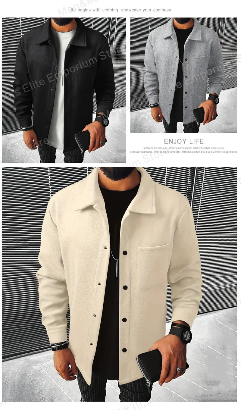 Polyester Brushed Short Jacket for Men, Lapel Button-Down Pocket Coat, Comfortable Casual Autumn Winter Office Business Wear