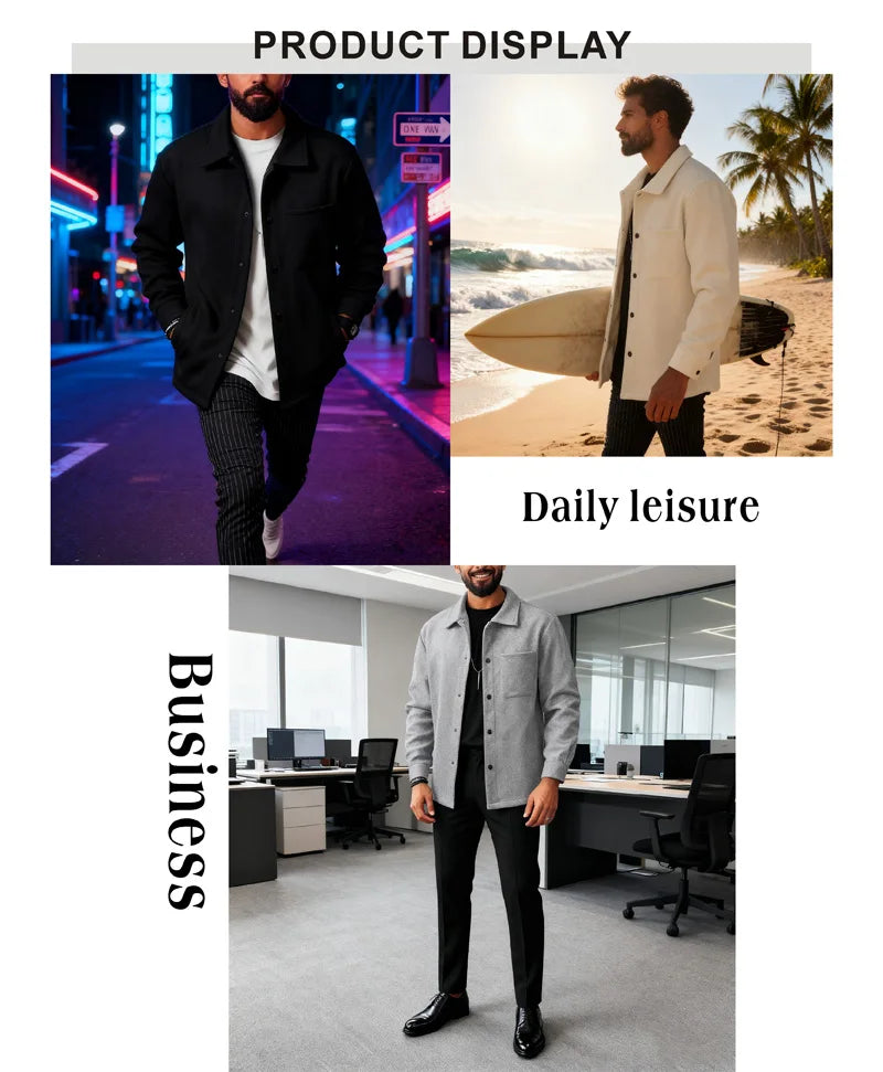 Polyester Brushed Short Jacket for Men, Lapel Button-Down Pocket Coat, Comfortable Casual Autumn Winter Office Business Wear