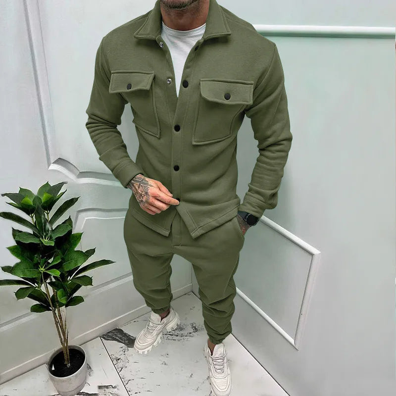 Party Men's Jacket and Pants Sets Pocket Overalls Male Fashion Suit Solid Color Autumn Winter Streetwear Tracksuit 2 Piece Set