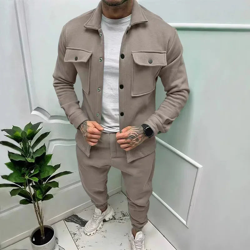 Two Piece Sets Men Pant Set Jackets Full Sleeve Single Breasted Turn Down Collar Coats Casual High Waist Long Pants Autumn