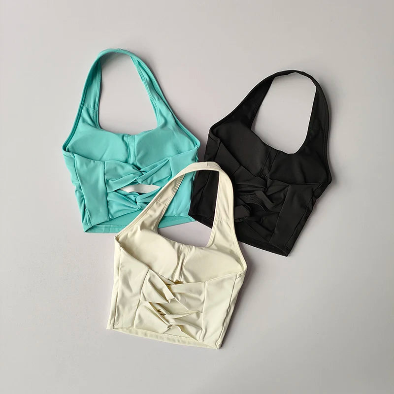 Sports Underwear Women with Chest Pad Halter Neck Cross Yoga Beautiful Back Training Running Vest Style Gathering Fitness Bra