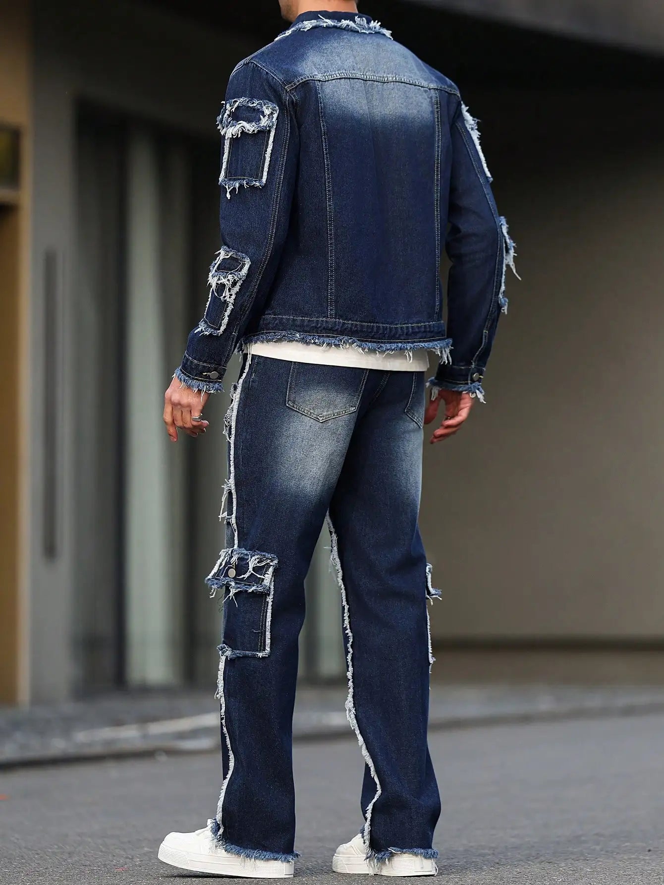 Men's spring and autumn denim suit, multi - pocket design, wide straight - leg pants style