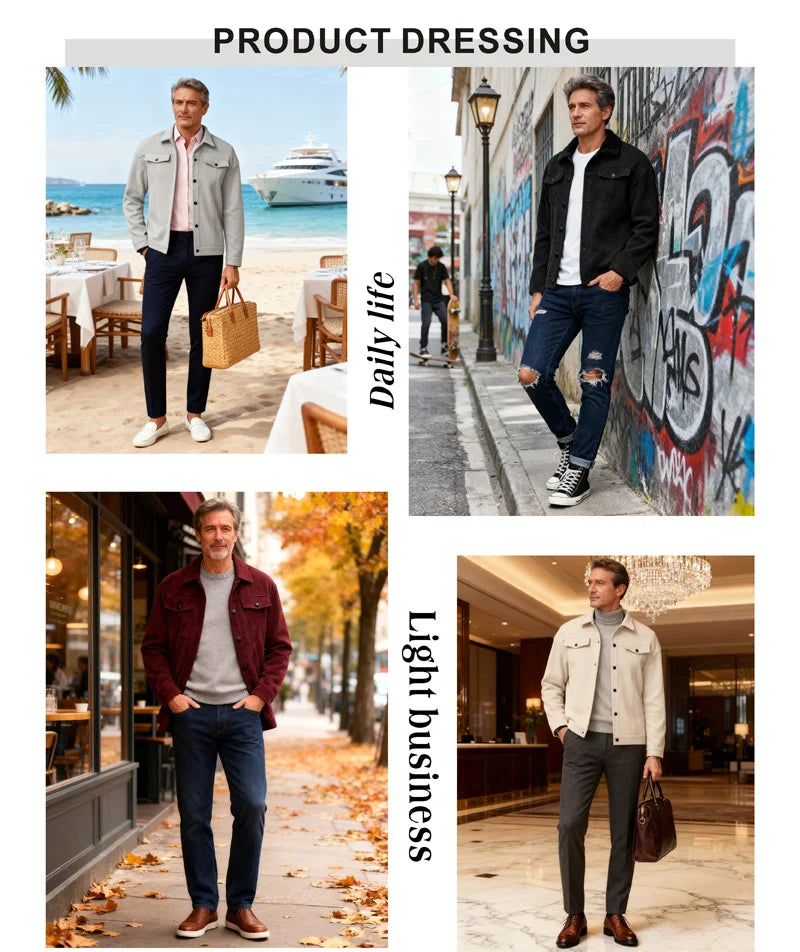 Polyester Brushed Short Jacket for Men, Lapel Button-Down Pocket Coat, Comfortable Casual Autumn Winter Office Business Wear