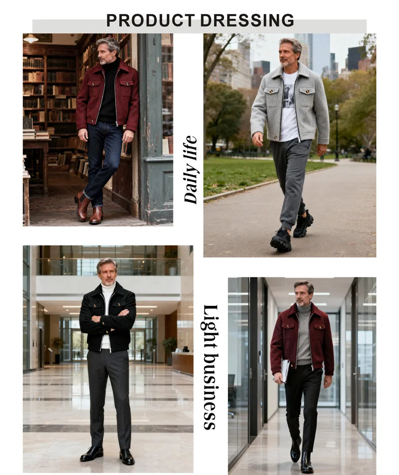 Polyester Brushed Short Jacket for Men, Lapel Button-Down Pocket Coat, Comfortable Casual Autumn Winter Office Business Wear