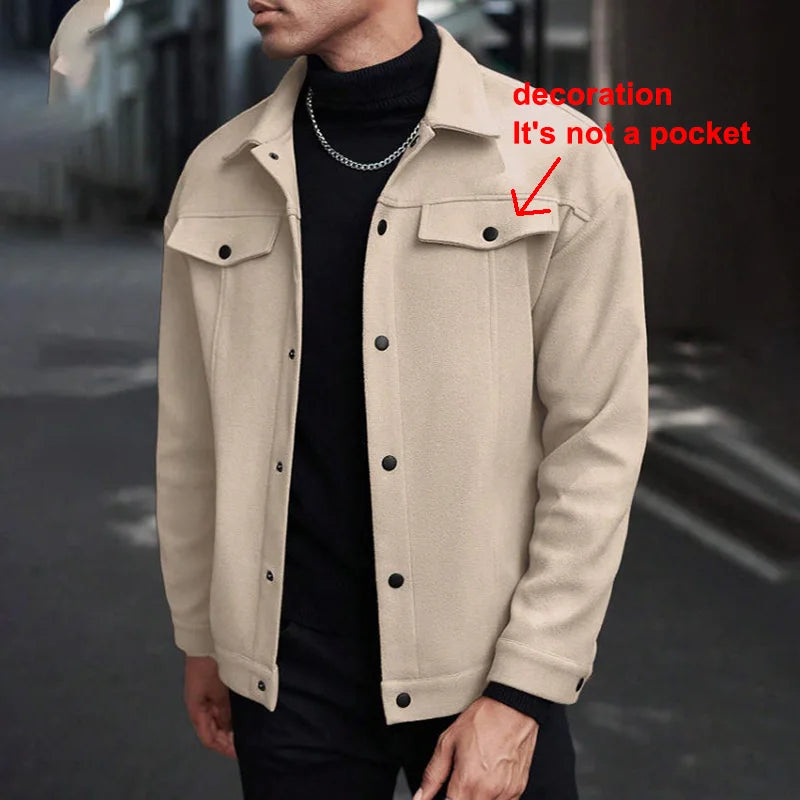 Polyester Brushed Short Jacket for Men, Lapel Button-Down Pocket Coat, Comfortable Casual Autumn Winter Office Business Wear