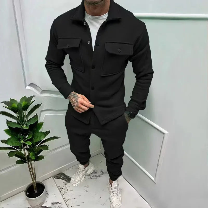 Two Piece Sets Men Pant Set Jackets Full Sleeve Single Breasted Turn Down Collar Coats Casual High Waist Long Pants Autumn
