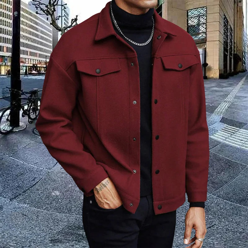 Polyester Brushed Short Jacket for Men, Lapel Button-Down Pocket Coat, Comfortable Casual Autumn Winter Office Business Wear
