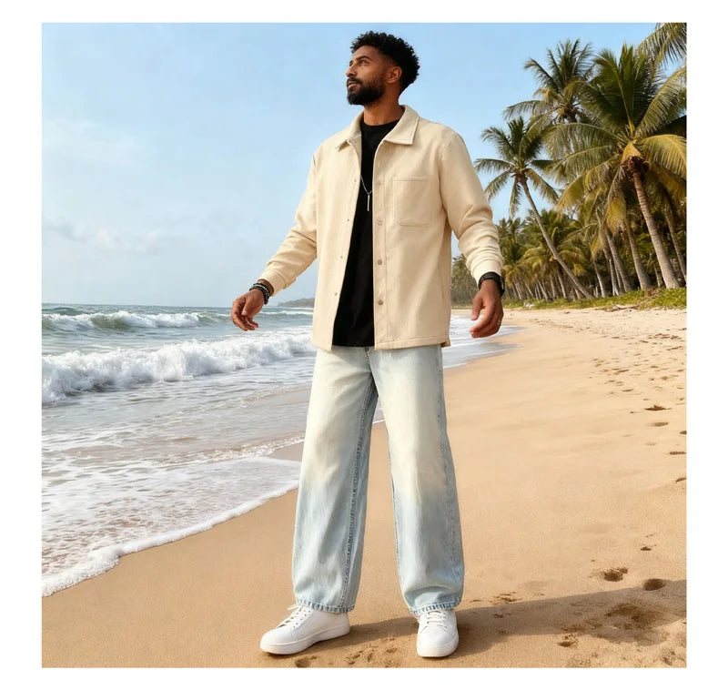 Polyester Brushed Short Jacket for Men, Lapel Button-Down Pocket Coat, Comfortable Casual Autumn Winter Office Business Wear