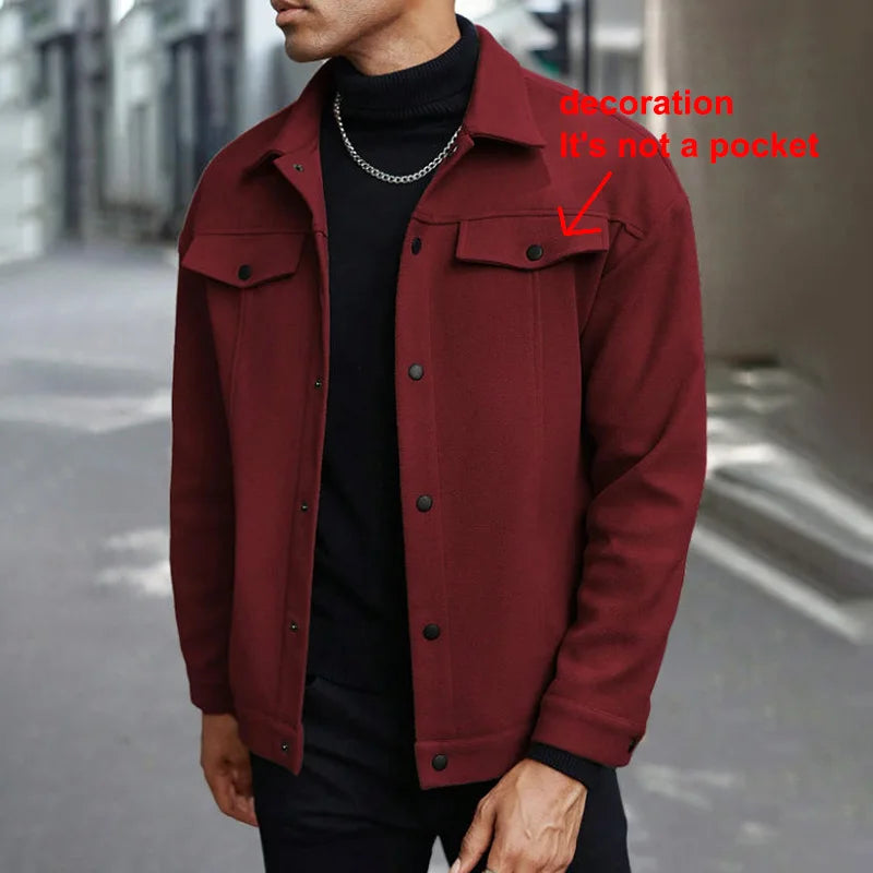 Polyester Brushed Short Jacket for Men, Lapel Button-Down Pocket Coat, Comfortable Casual Autumn Winter Office Business Wear